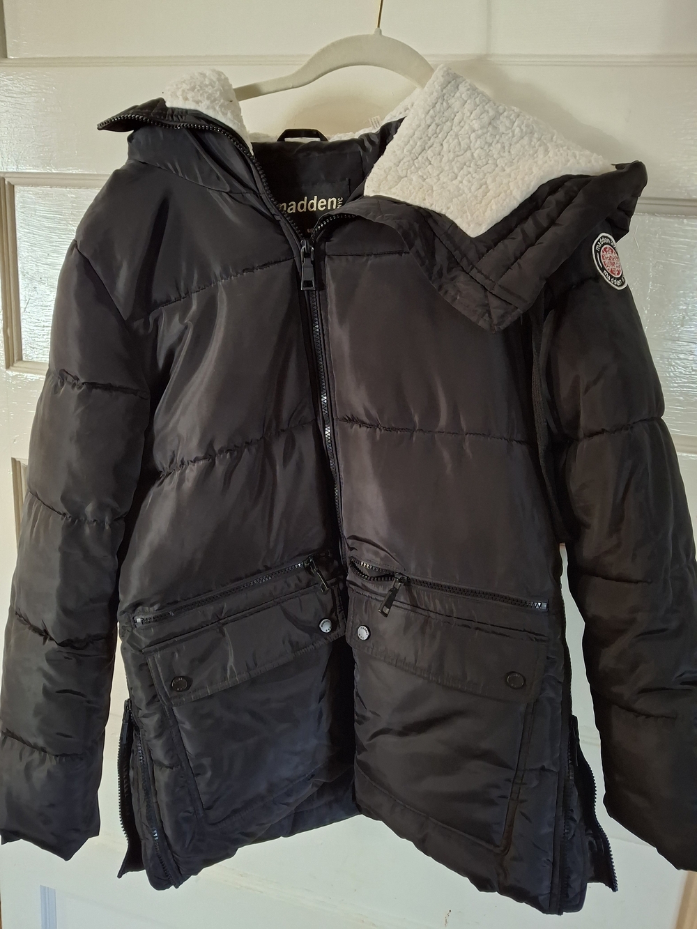 Madden Girl Black Hooded Puffer Coat with Sherpa Collar